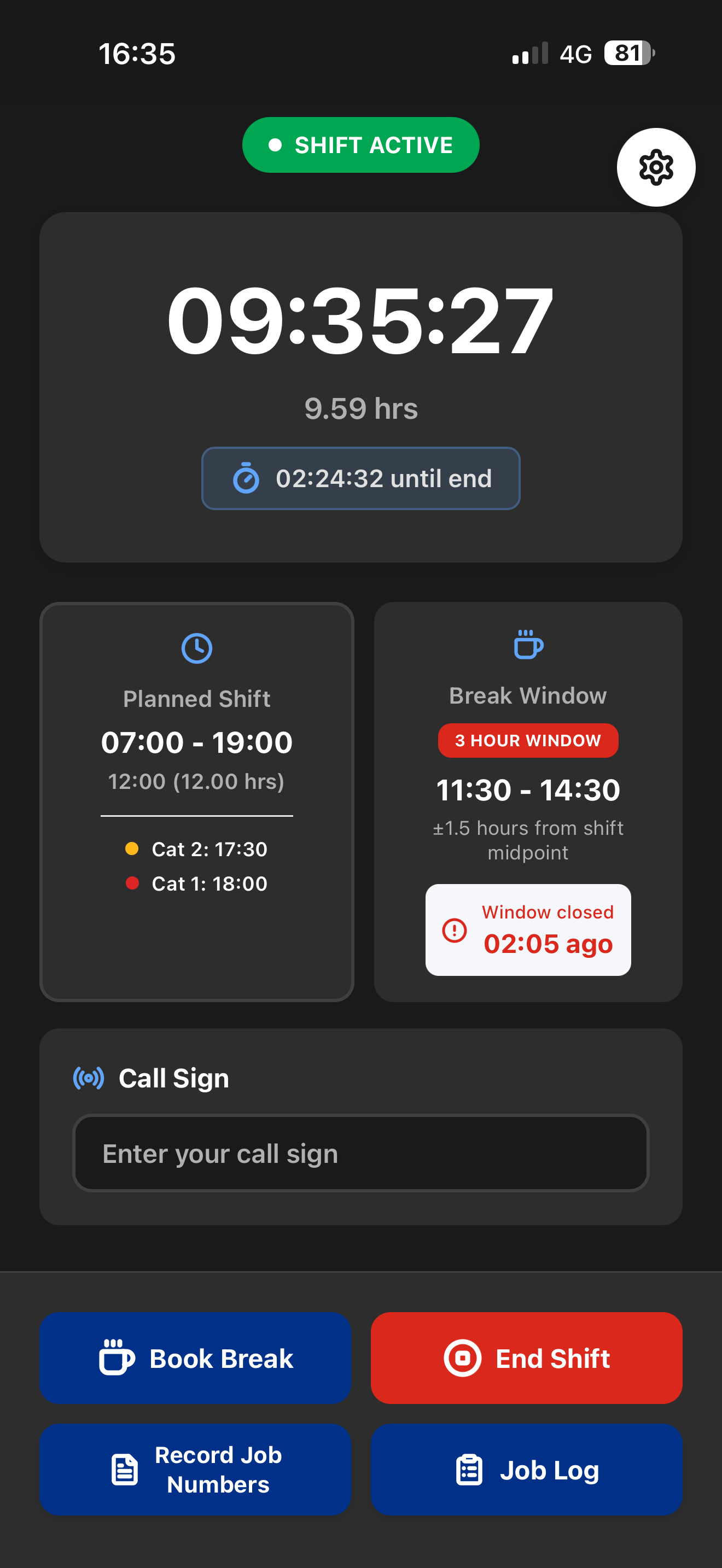 Panador screen showing shift active with timer, break window and actions