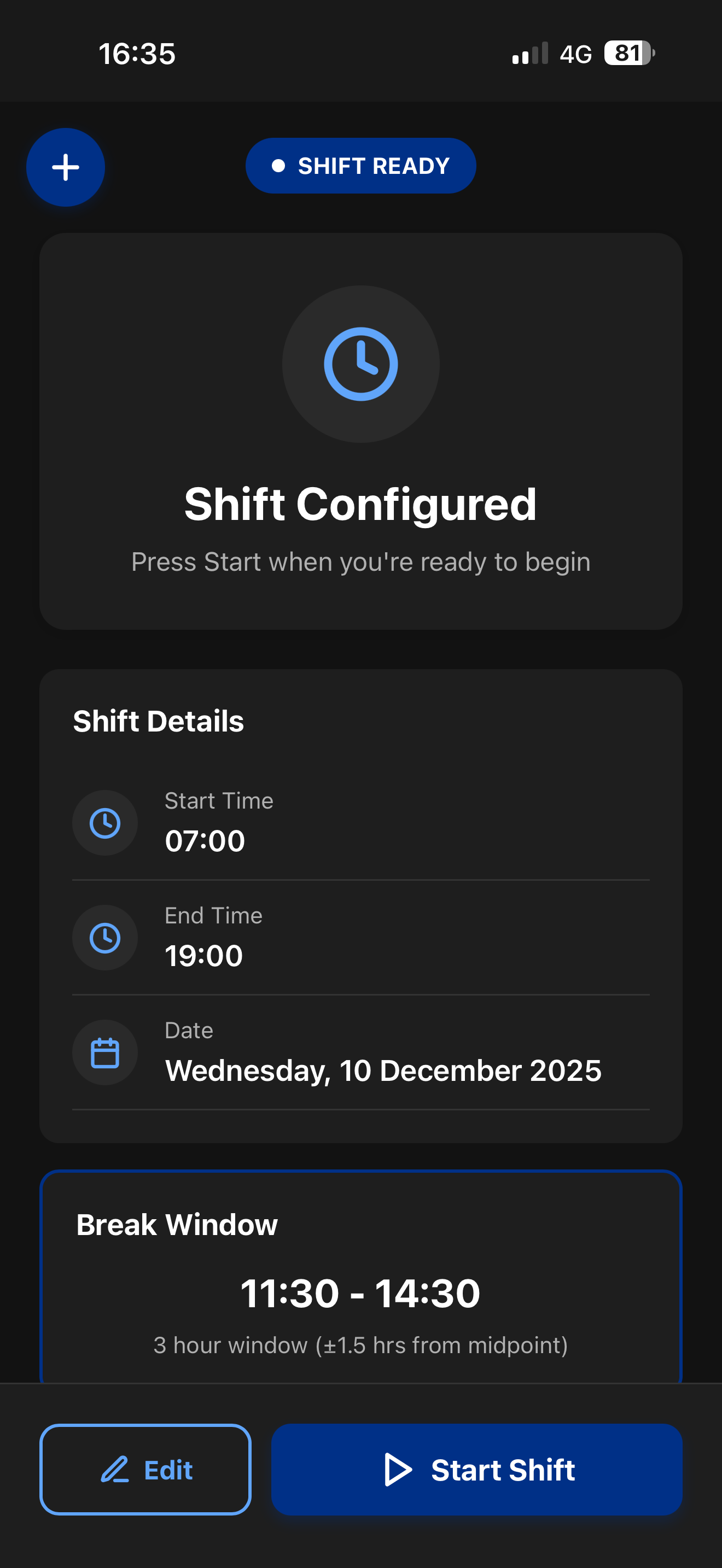 Panador screen showing shift configured with details and break window